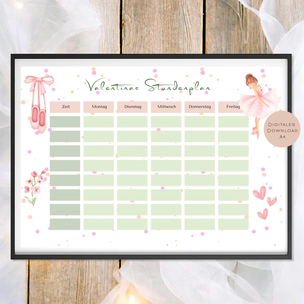 Druckvorlage Stundenplan Ballerina Name personalisiert | Geschenk Schulanfang | Geschenkidee Schultüte Einschulung Ausdrucken PDF Download