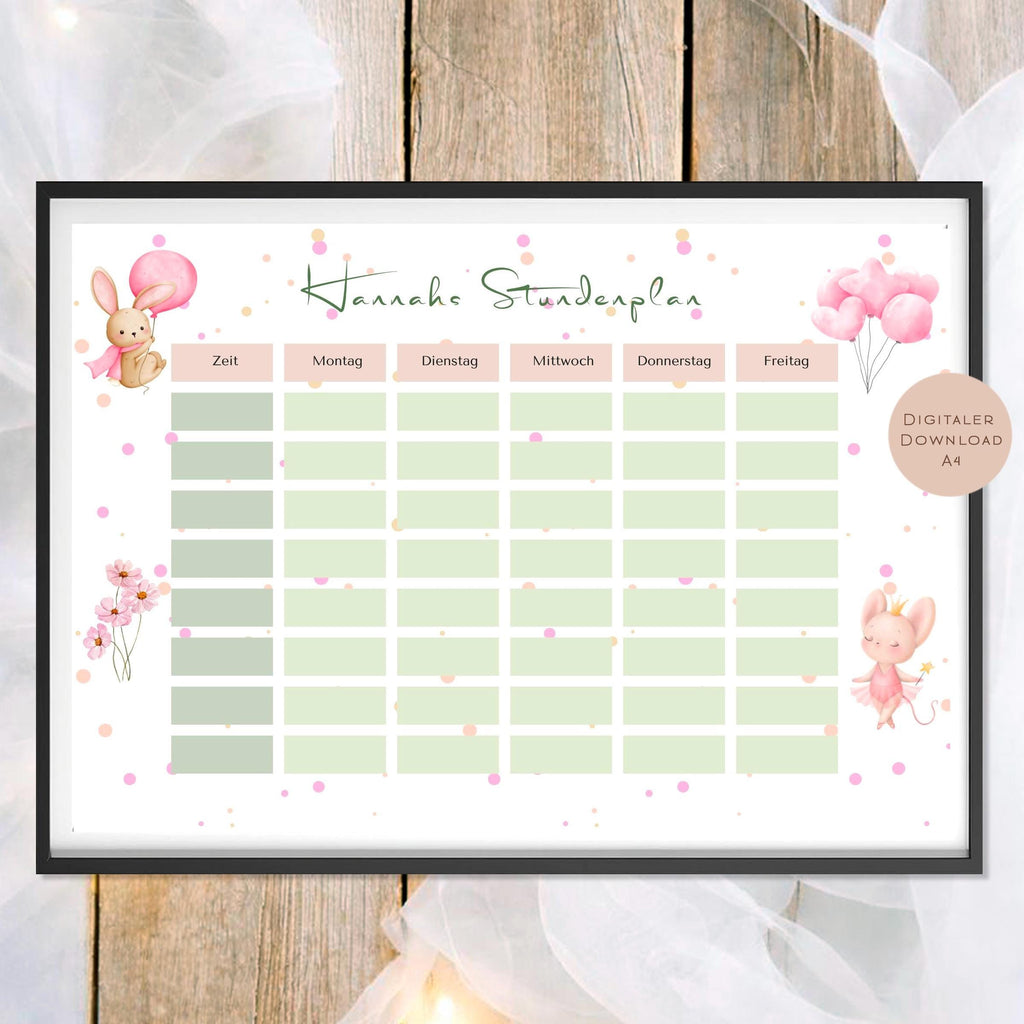 Druckvorlage Stundenplan Hase Name personalisiert | Geschenk Schulanfang | Geschenkidee Schultüte Einschulung Ausdrucken PDF Download