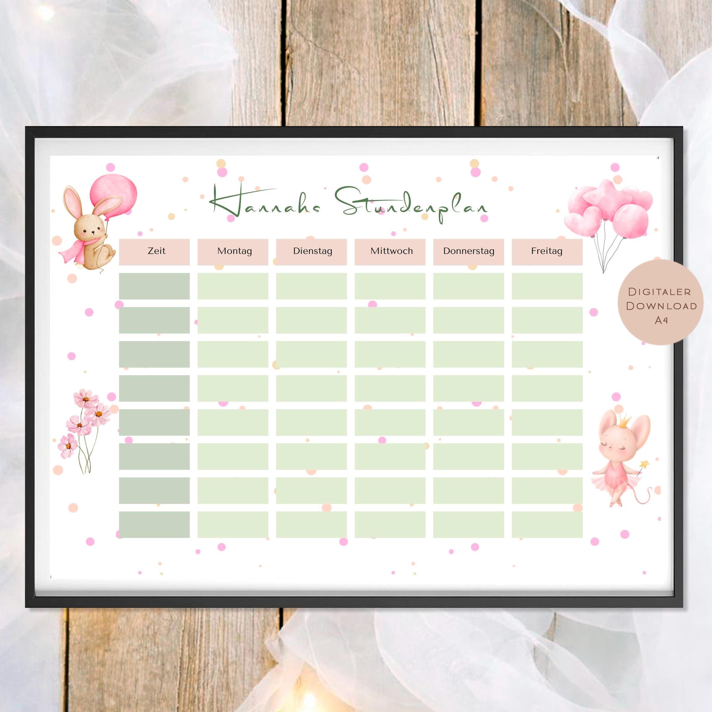 Druckvorlage Stundenplan Hase Name personalisiert | Geschenk Schulanfang | Geschenkidee Schultüte Einschulung Ausdrucken PDF Download