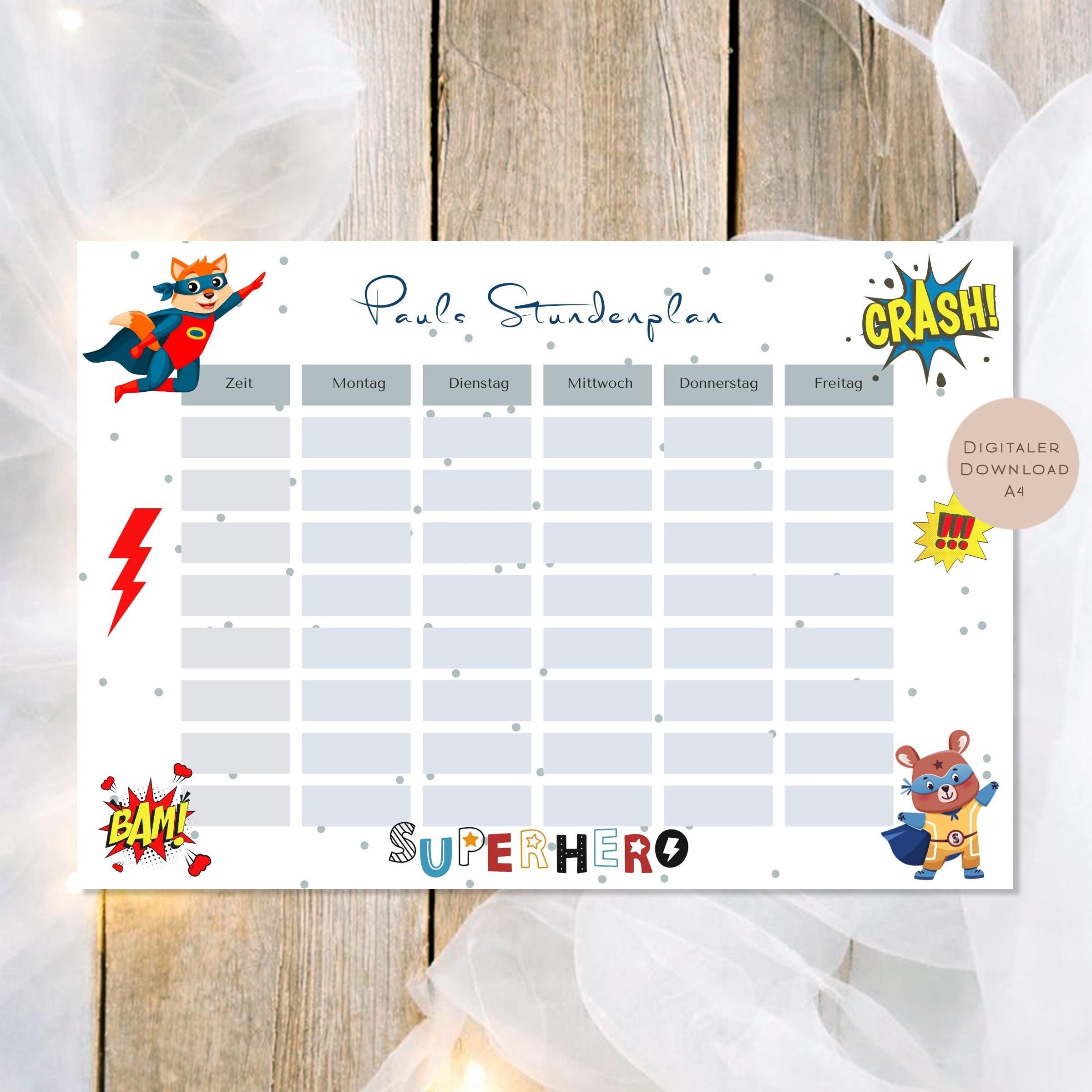Druckvorlage Stundenplan Hero Held Name personalisiert | Geschenk Schulanfang | Geschenkidee Schultüte Einschulung Ausdrucken PDF Download