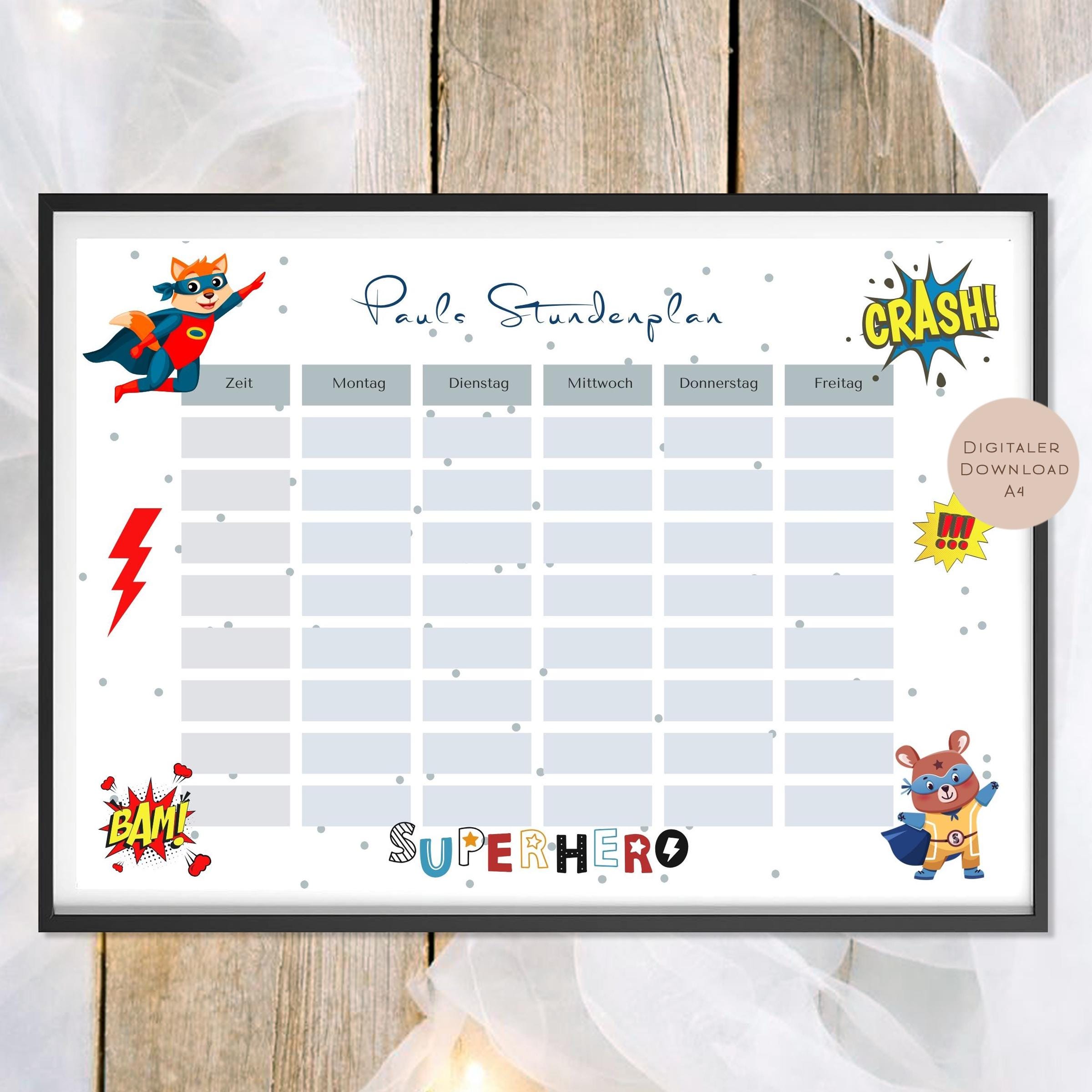 Druckvorlage Stundenplan Hero Held Name personalisiert | Geschenk Schulanfang | Geschenkidee Schultüte Einschulung Ausdrucken PDF Download
