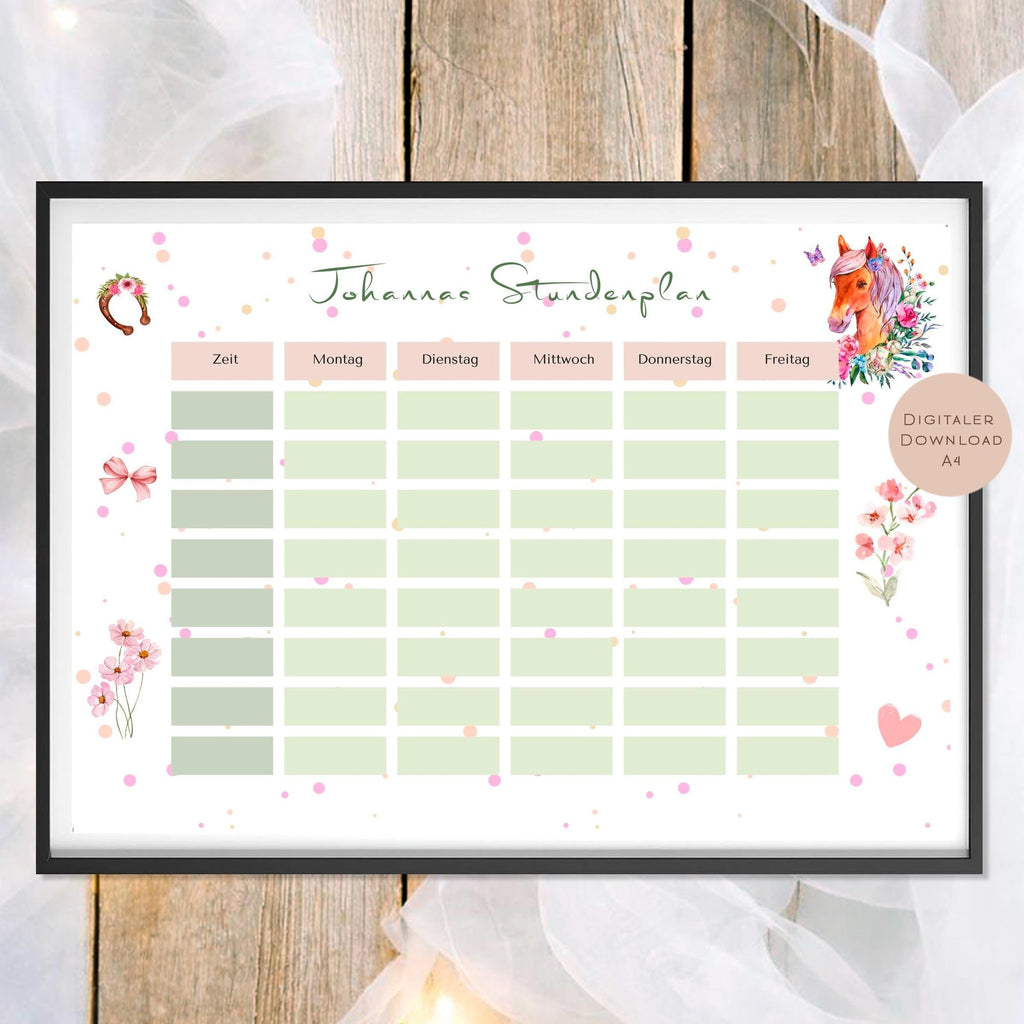 Druckvorlage Stundenplan Pferd Name personalisiert | Geschenk Schulanfang | Geschenkidee Schultüte Einschulung Ausdrucken PDF Download