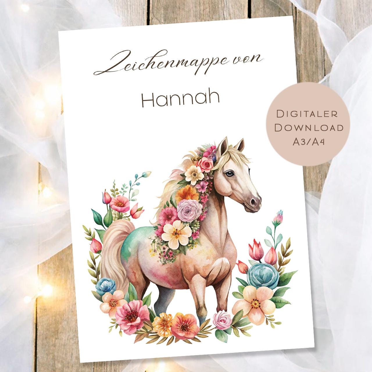 Druckvorlage Zeichenmappe Pferd Name personalisiert | Postmappe Geschenk Schulanfang I Schulmappe Einschulung Ausdrucken PDF Download