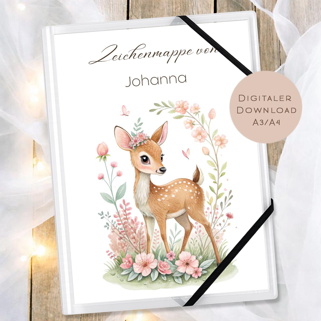 Druckvorlage Zeichenmappe Reh Name personalisiert | Postmappe Geschenk Schulanfang I Schulmappe Einschulung Ausdrucken PDF Download