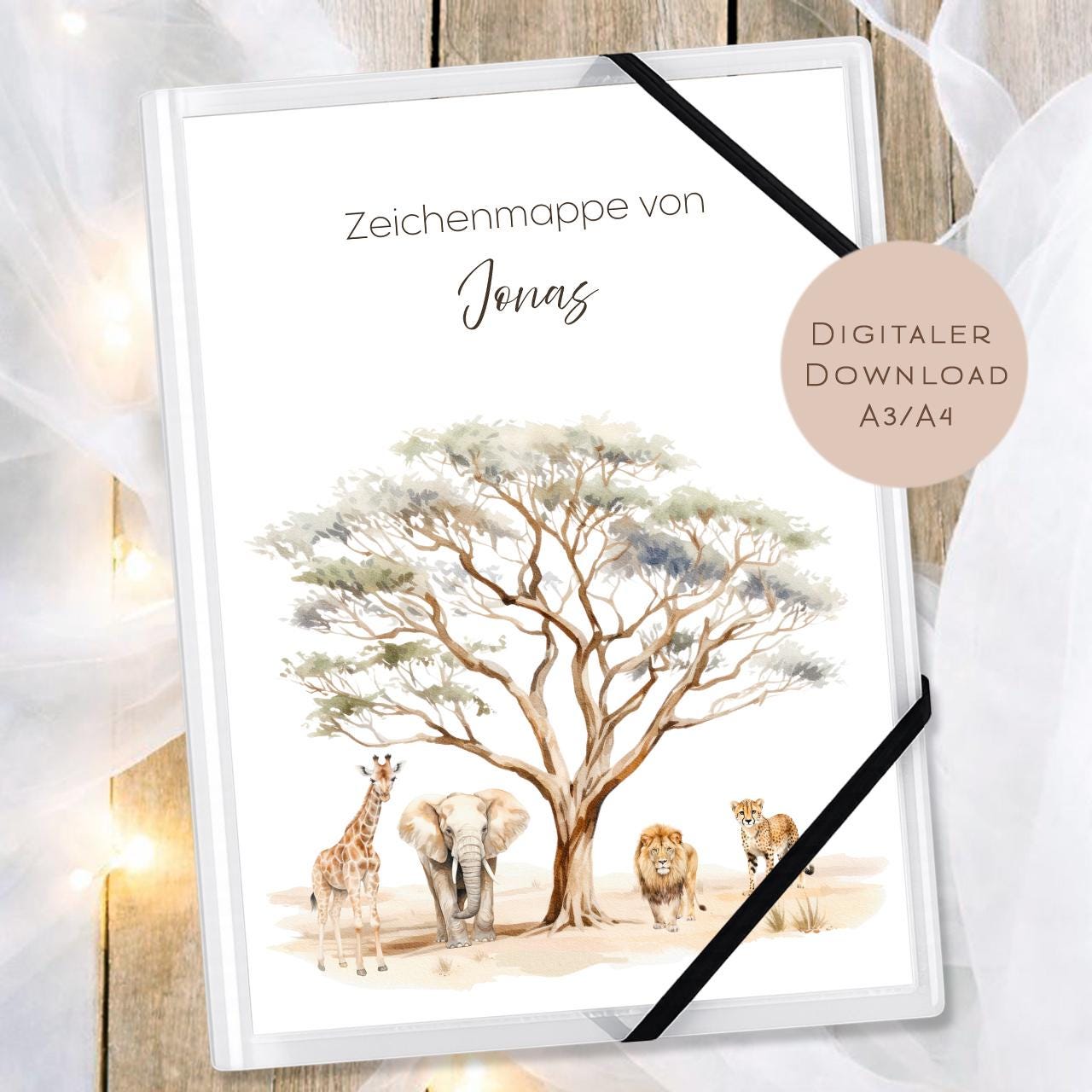 Druckvorlage Zeichenmappe Safari Name personalisiert | Postmappe Geschenk Schulanfang I Schulmappe Einschulung Ausdrucken PDF Download