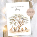 Druckvorlage Zeichenmappe Safari Name personalisiert | Postmappe Geschenk Schulanfang I Schulmappe Einschulung Ausdrucken PDF Download