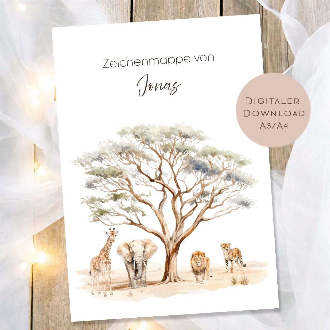 Druckvorlage Zeichenmappe Safari Name personalisiert | Postmappe Geschenk Schulanfang I Schulmappe Einschulung Ausdrucken PDF Download