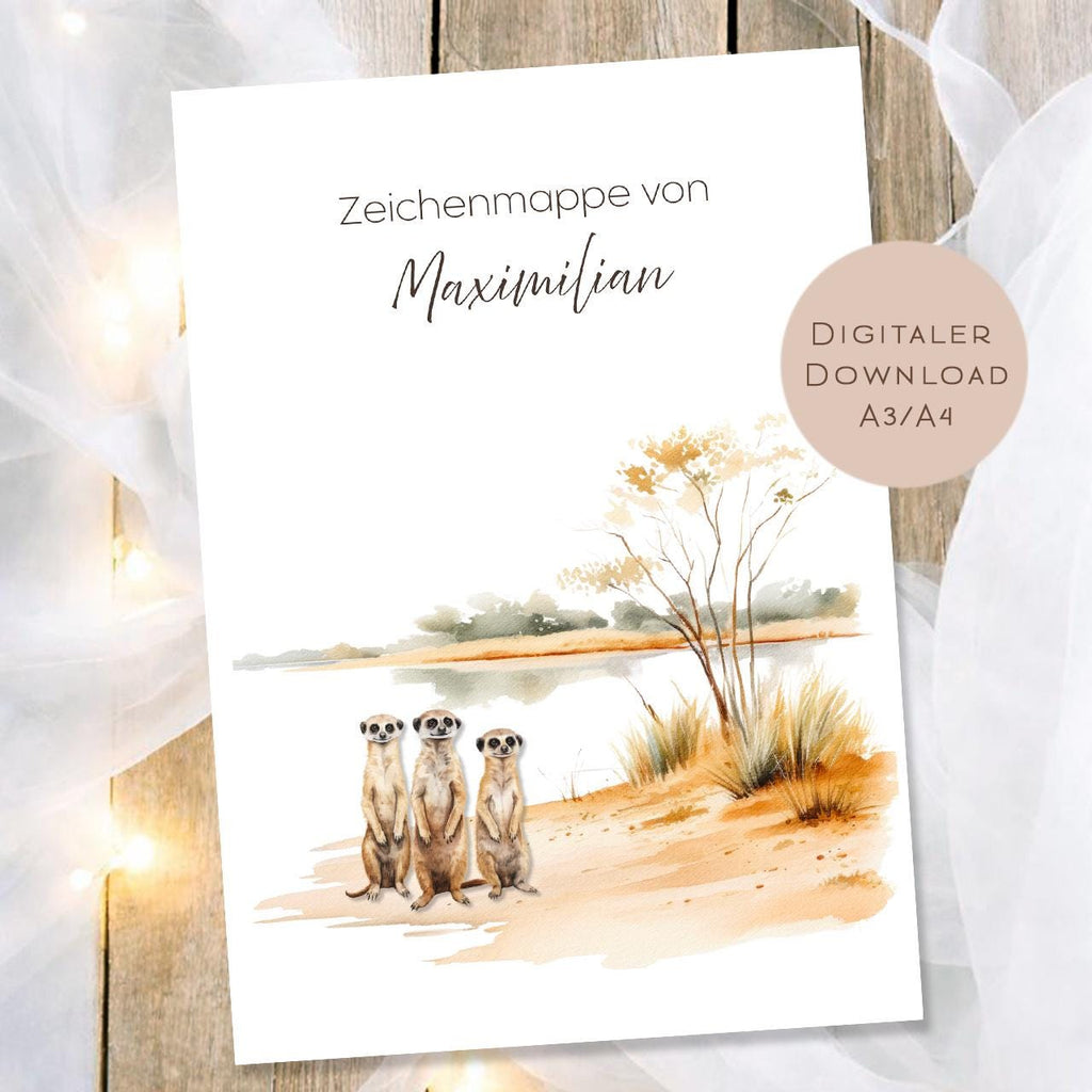 Druckvorlage Zeichenmappe Erdmännchen Name personalisiert | Postmappe Geschenk Schulanfang I Schulmappe Einschulung Ausdrucken PDF Download
