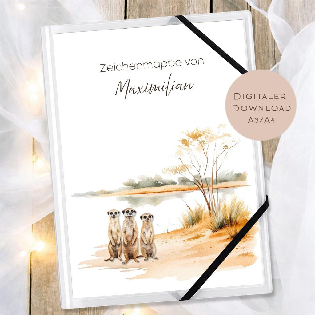 Druckvorlage Zeichenmappe Erdmännchen Name personalisiert | Postmappe Geschenk Schulanfang I Schulmappe Einschulung Ausdrucken PDF Download