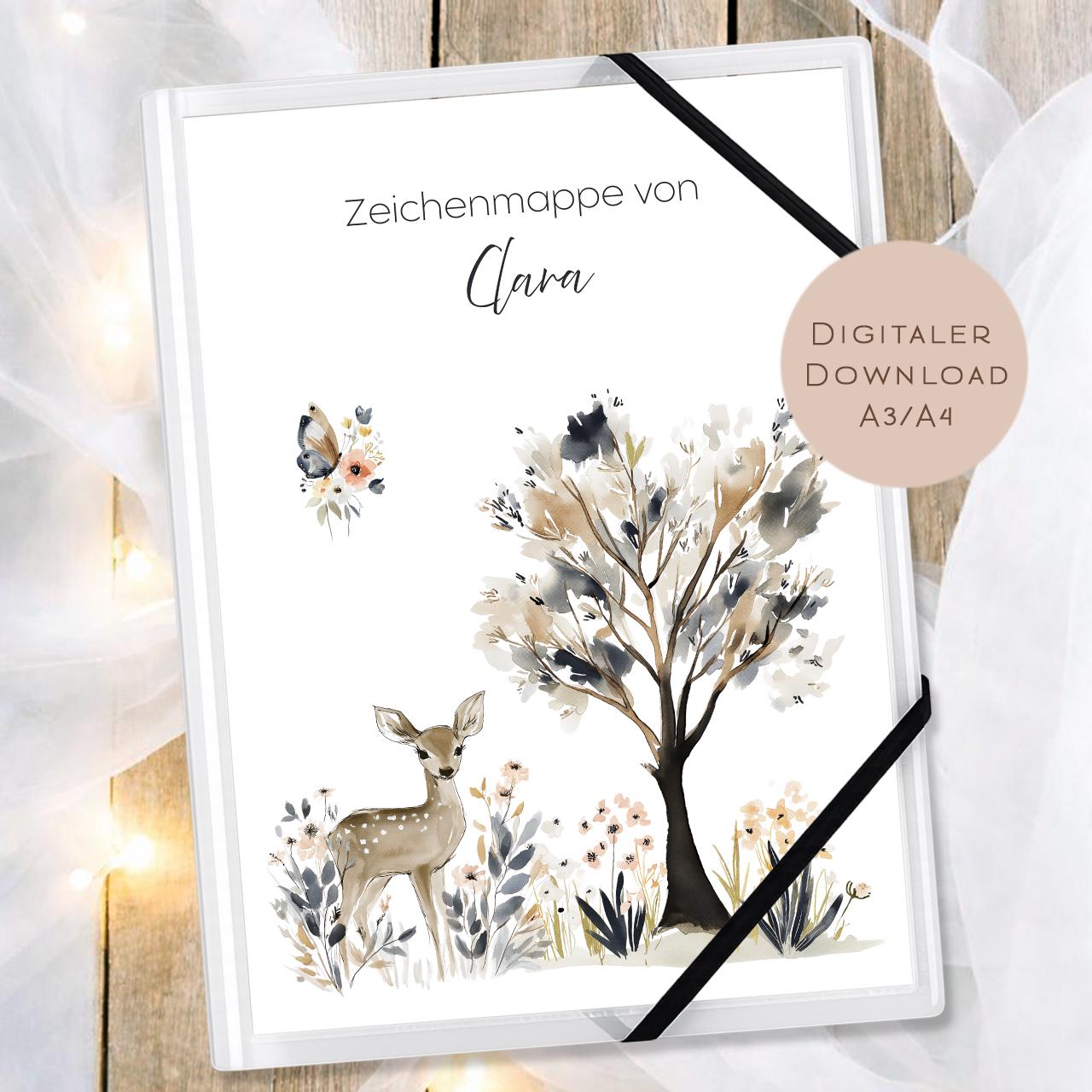 Druckvorlage Zeichenmappe Reh Name personalisiert | Postmappe Geschenk Schulanfang I Schulmappe Einschulung Ausdrucken PDF Download
