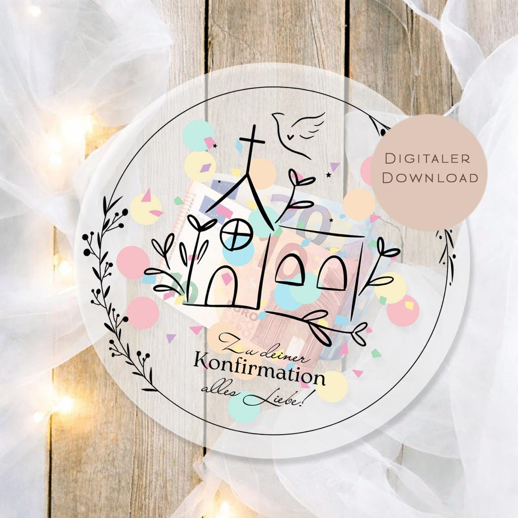 Druckvorlage Schüttelkarte Konfirmation | Geschenk Geld Gutschein schenken | Geldgeschenk Taube Kirche Karte zum Ausdrucken PDF Download