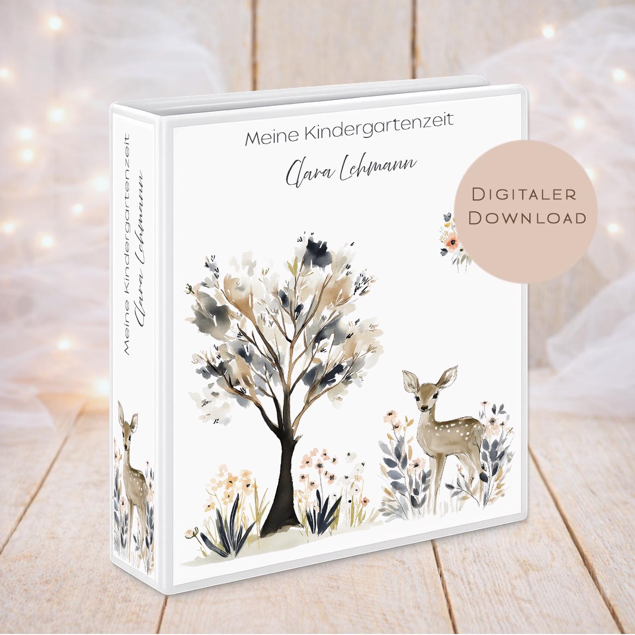 Druckvorlage Kindergarten Ordner Krippe Reh Name personalisiert | Kita Sammelmappe I Ringordner Kindergartenzeit Ausdrucken PDF Download