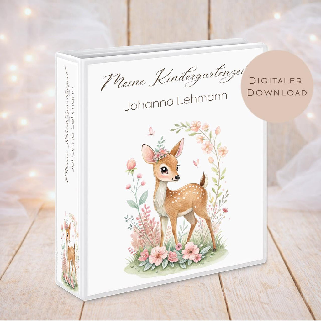 Druckvorlage Kindergarten Ordner Krippe Reh Name personalisiert | Kita Sammelmappe I Ringordner Kindergartenzeit Ausdrucken Download