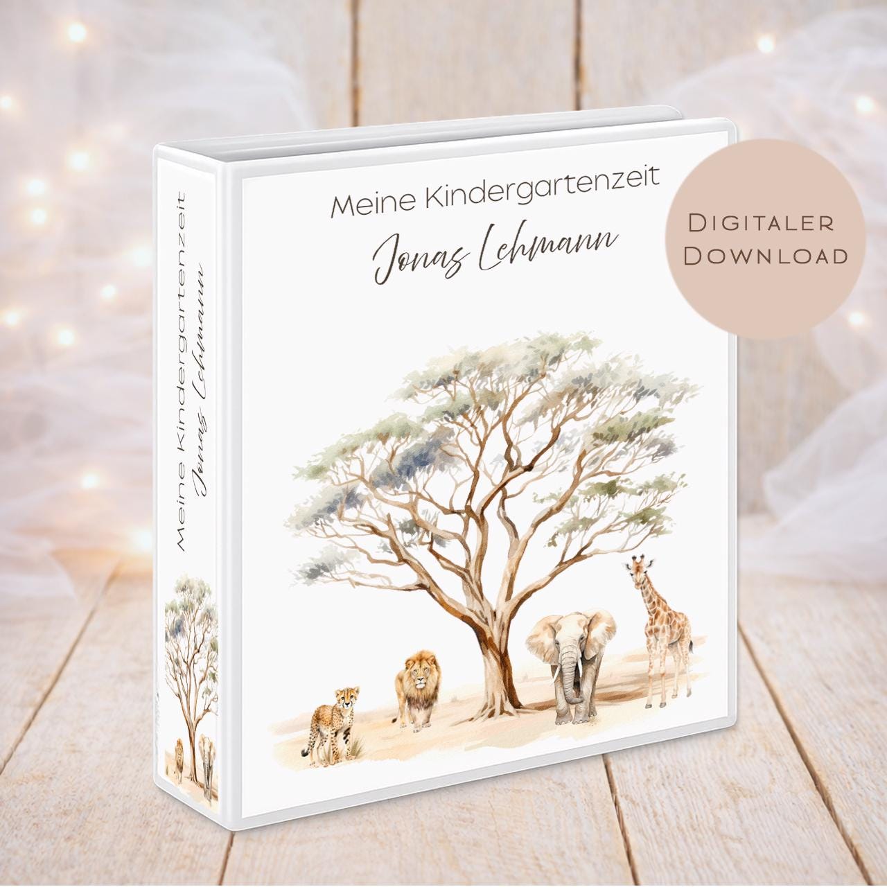 Druckvorlage Kindergarten Ordner Krippe Safari Name personalisiert | Kita Sammelmappe I Ringordner Kindergartenzeit Ausdrucken Download