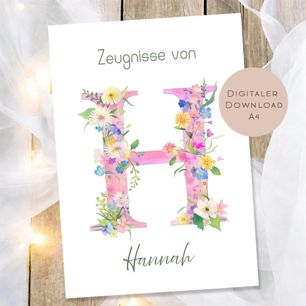 Druckvorlage Blumen Zeugnismappe personalisiert | Zeugnis Name Geschenk Schulanfang I Geschenkidee Einschulung Ausdrucken PDF Download