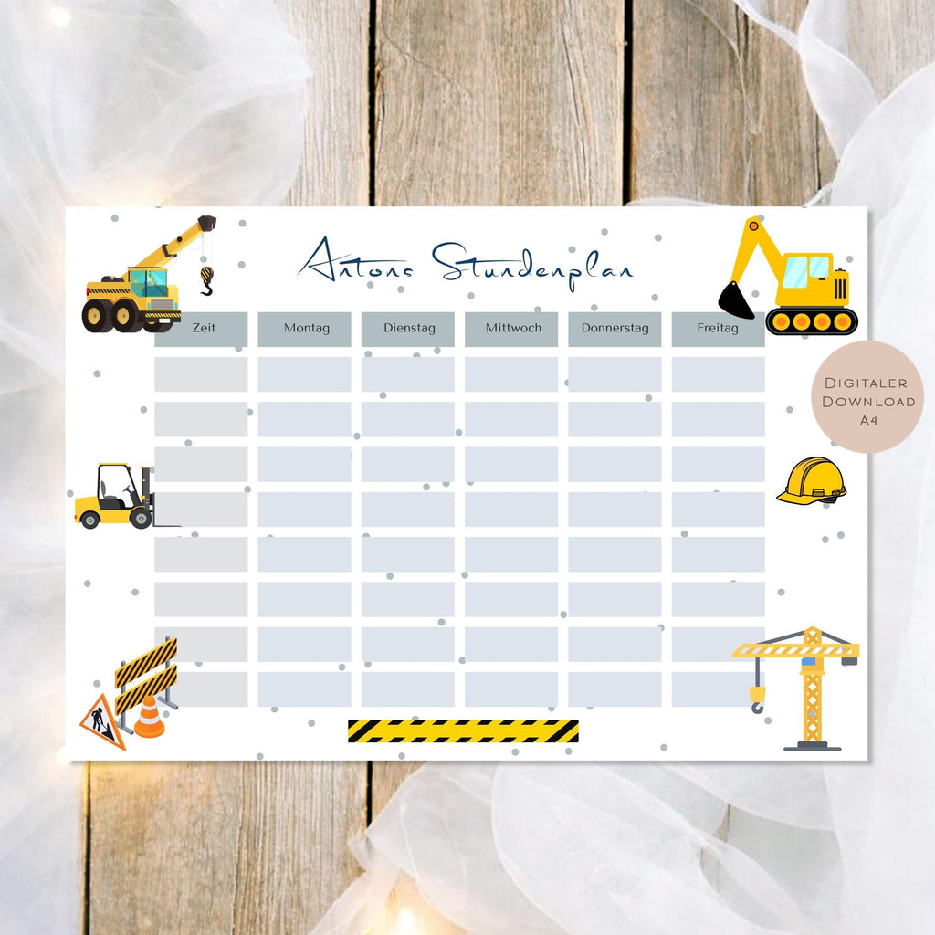 Druckvorlage Stundenplan Bagger Name personalisiert | Geschenk Schulanfang | Geschenkidee Schultüte Einschulung Ausdrucken PDF Download