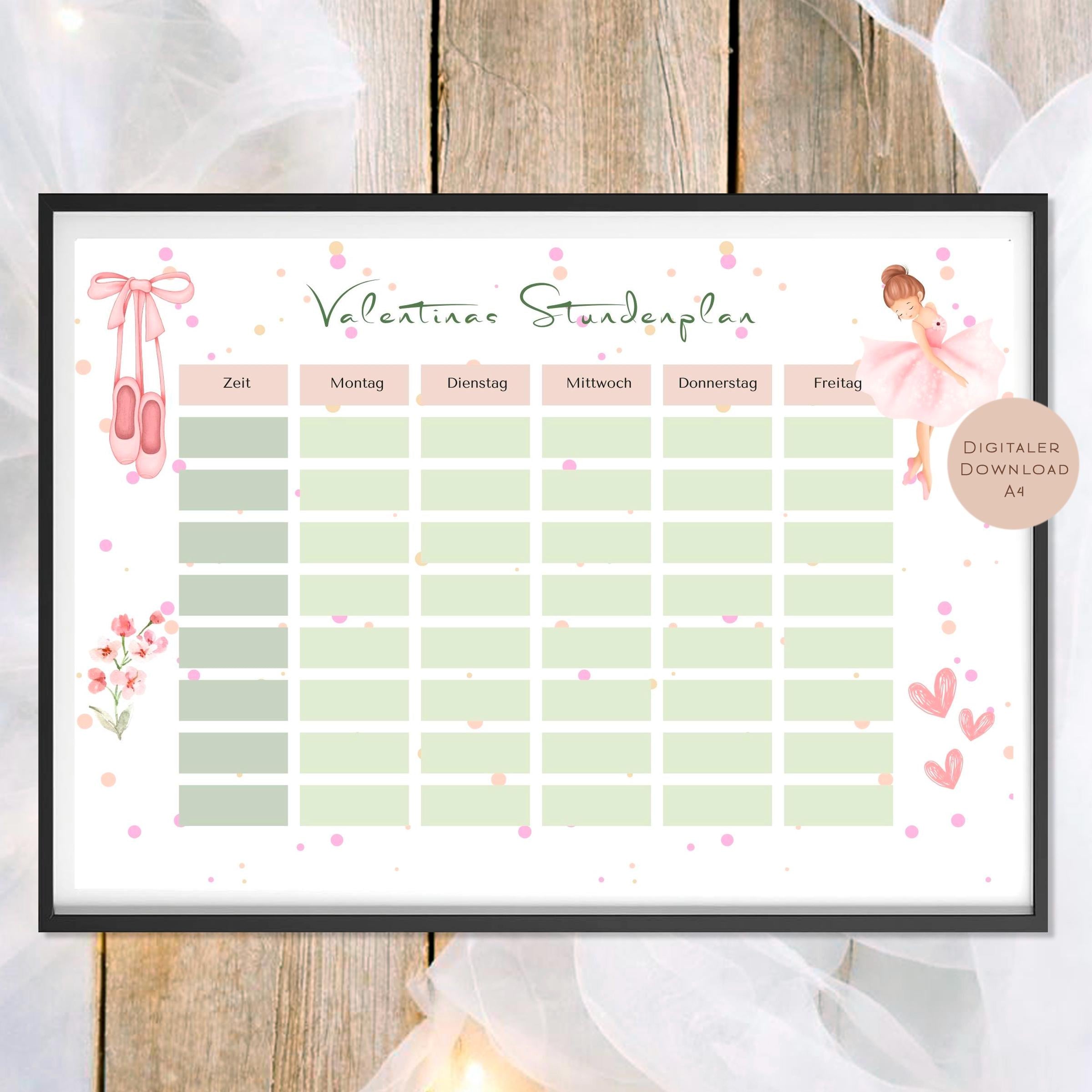 Druckvorlage Stundenplan Ballerina Name personalisiert | Geschenk Schulanfang | Geschenkidee Schultüte Einschulung Ausdrucken PDF Download