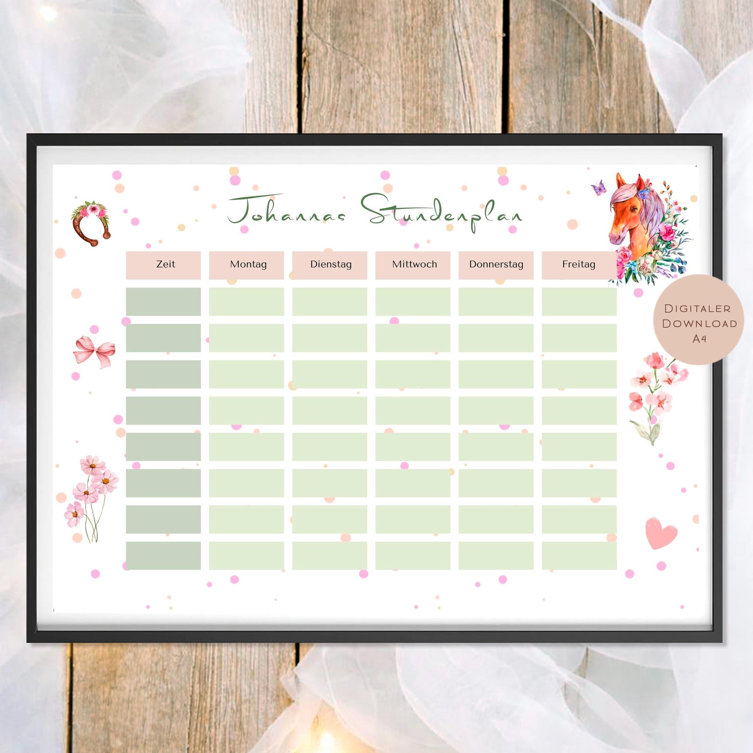 Druckvorlage Stundenplan Pferd Name personalisiert | Geschenk Schulanfang | Geschenkidee Schultüte Einschulung Ausdrucken PDF Download