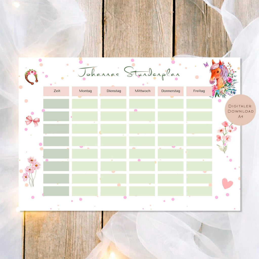 Druckvorlage Stundenplan Pferd Name personalisiert | Geschenk Schulanfang | Geschenkidee Schultüte Einschulung Ausdrucken PDF Download