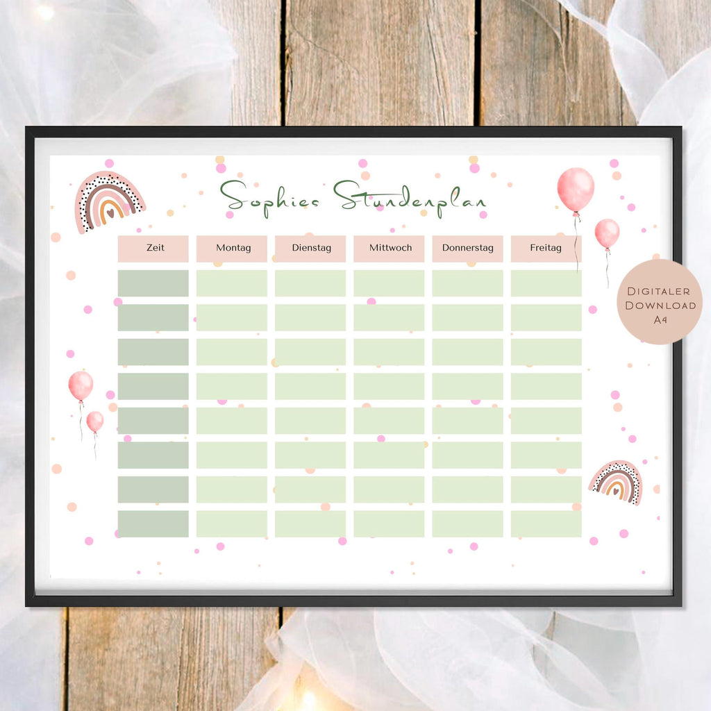 Druckvorlage Stundenplan Regenbogen Name personalisiert | Geschenk Schulanfang | Geschenkidee Schultüte Einschulung Ausdrucken PDF Download