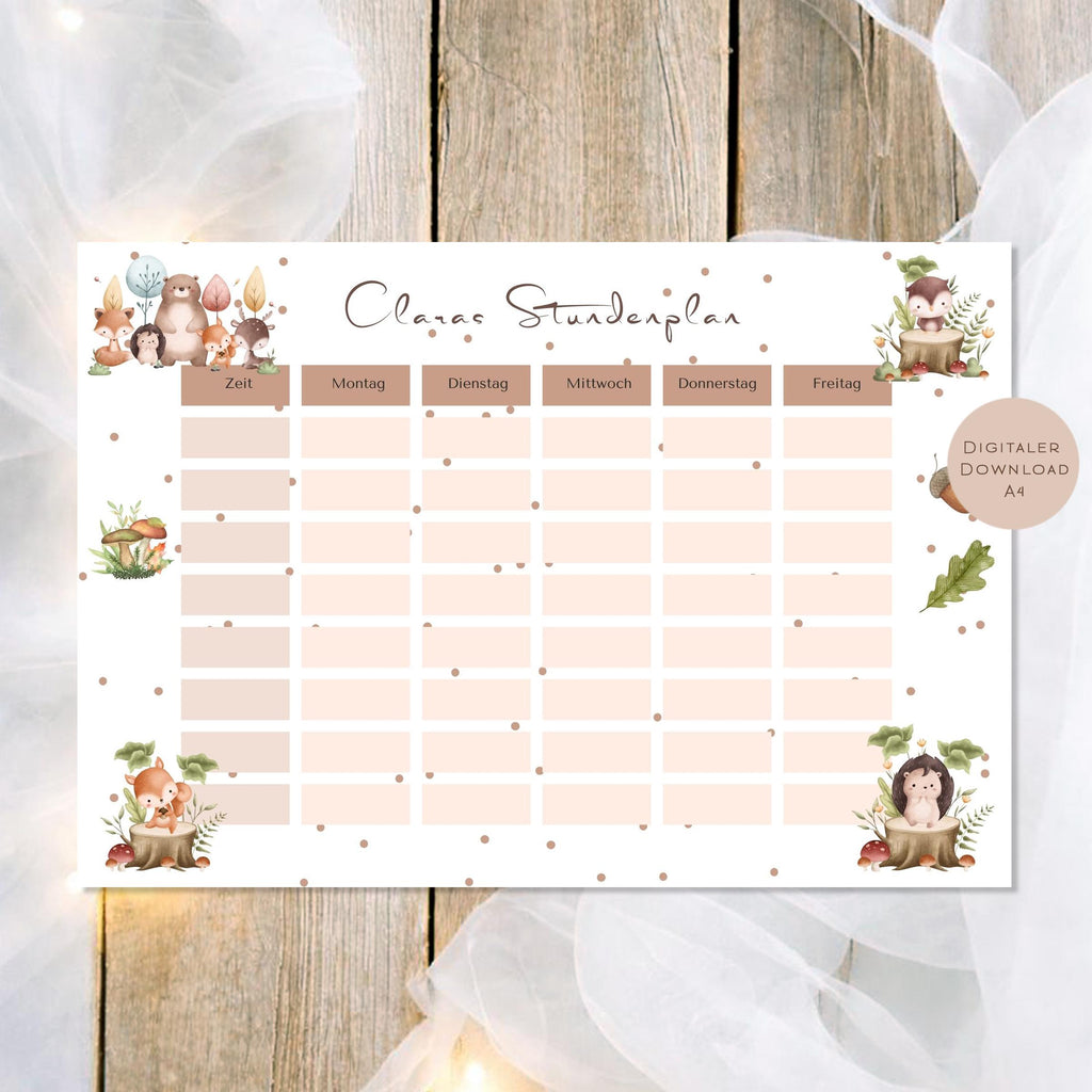 Druckvorlage Stundenplan Waldtiere Name personalisiert | Geschenk Schulanfang | Geschenkidee Schultüte Einschulung Ausdrucken PDF Download