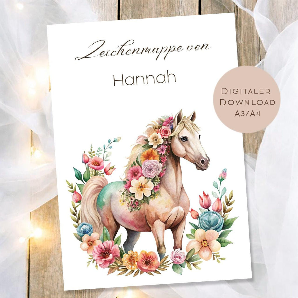 Druckvorlage Zeichenmappe Pferd Name personalisiert | Postmappe Geschenk Schulanfang I Schulmappe Einschulung Ausdrucken PDF Download