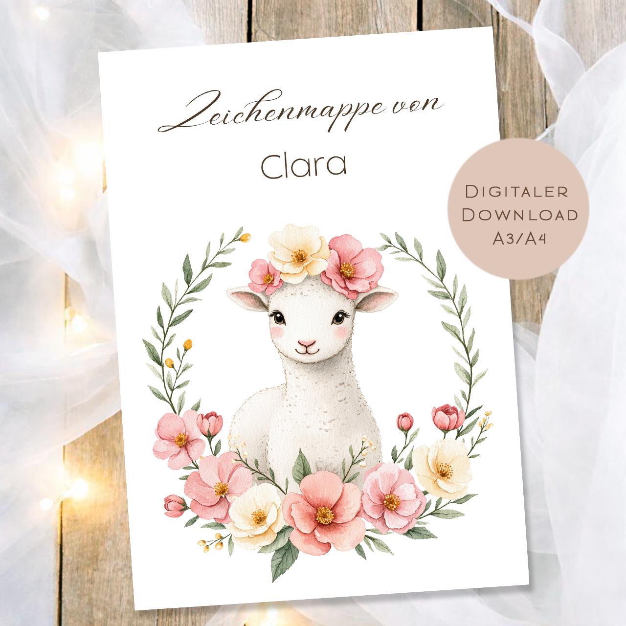Druckvorlage Zeichenmappe Lamm Name personalisiert | Postmappe Geschenk Schulanfang I Schulmappe Einschulung Ausdrucken PDF Download