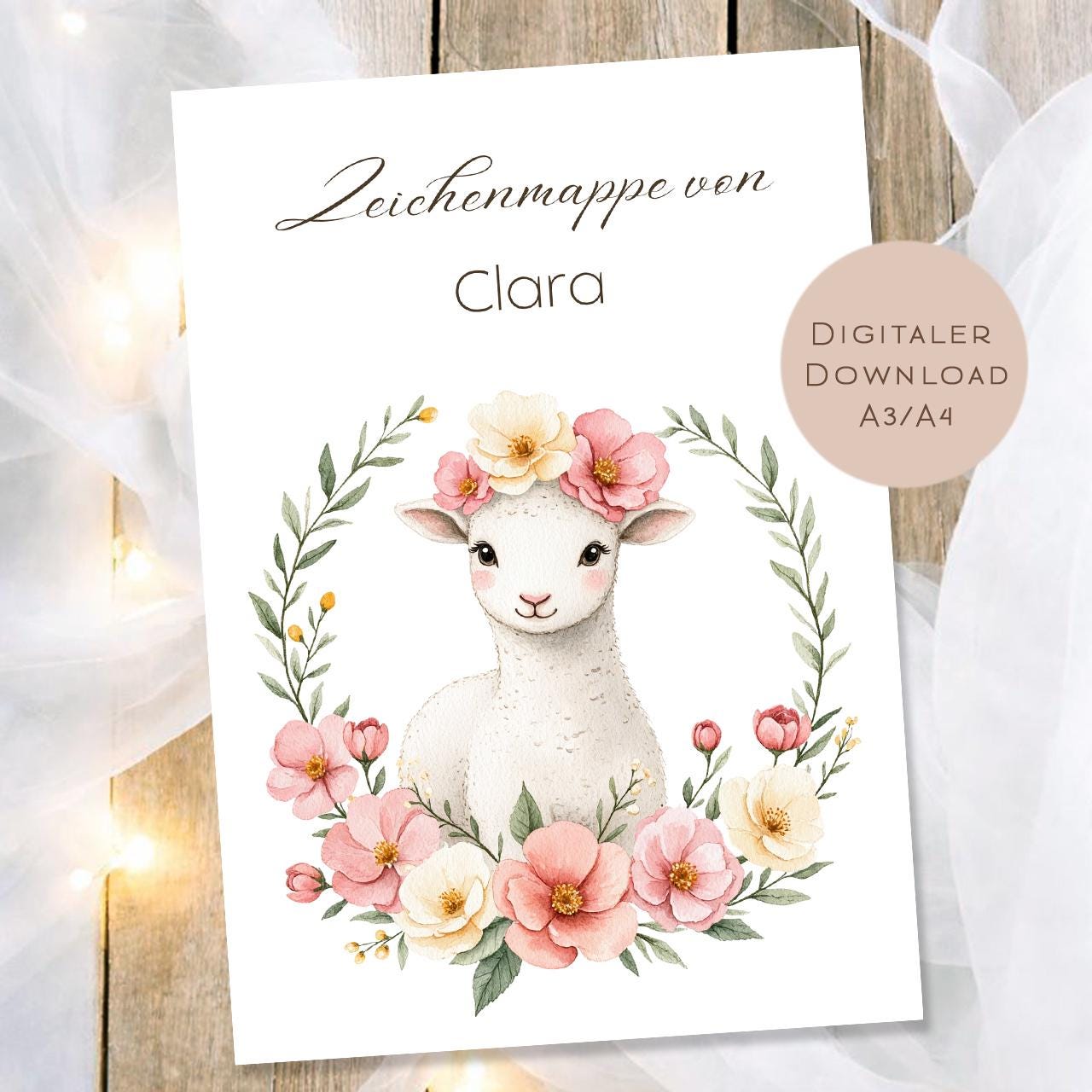 Druckvorlage Zeichenmappe Lamm Name personalisiert | Postmappe Geschenk Schulanfang I Schulmappe Einschulung Ausdrucken PDF Download