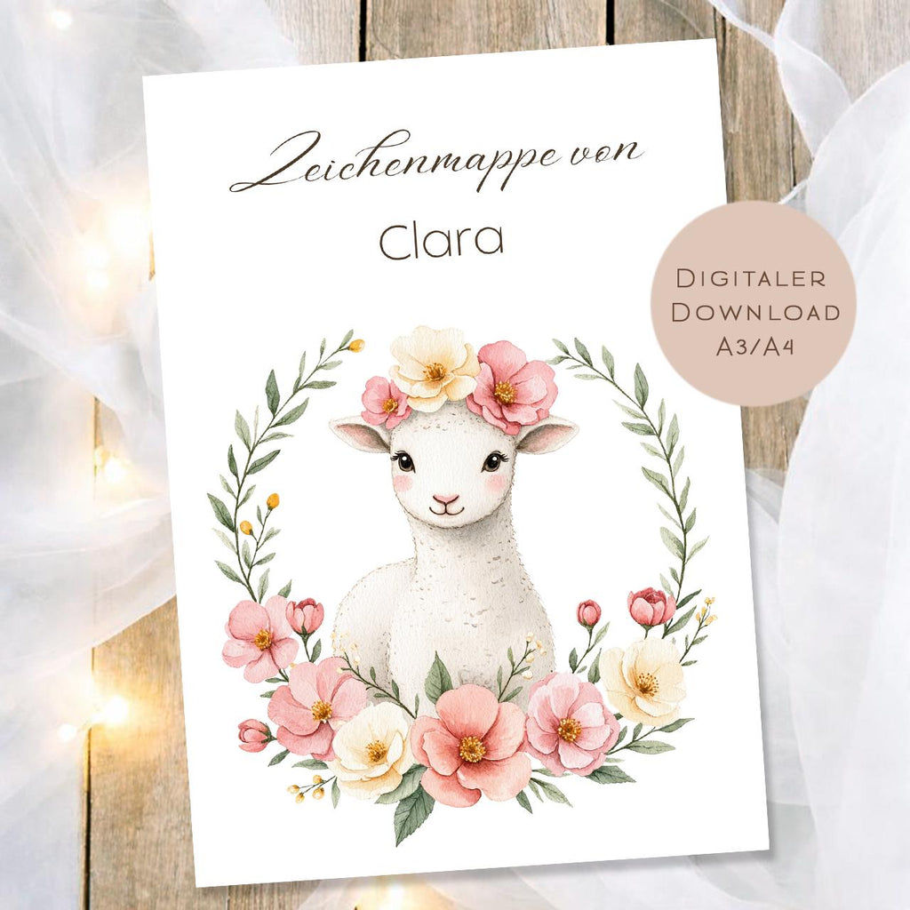 Druckvorlage Zeichenmappe Lamm Name personalisiert | Postmappe Geschenk Schulanfang I Schulmappe Einschulung Ausdrucken PDF Download