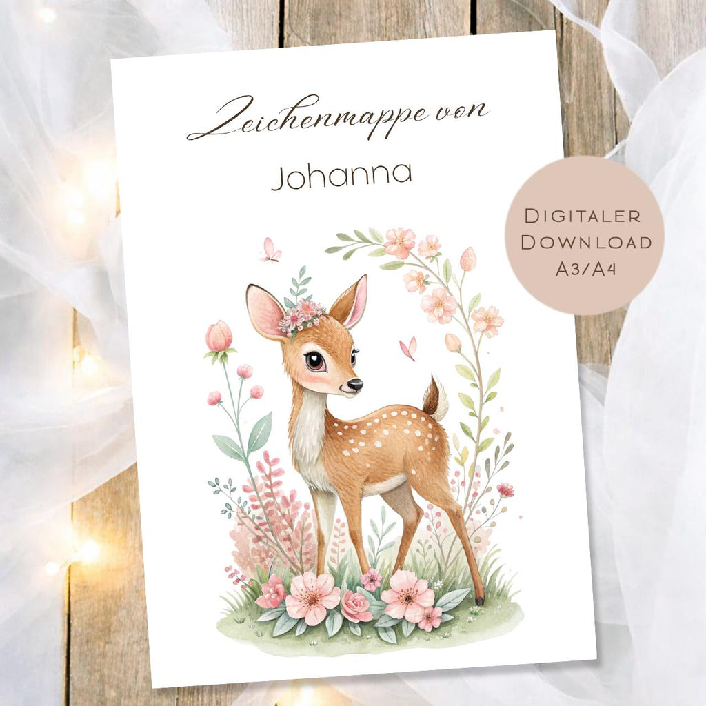 Druckvorlage Zeichenmappe Reh Name personalisiert | Postmappe Geschenk Schulanfang I Schulmappe Einschulung Ausdrucken PDF Download