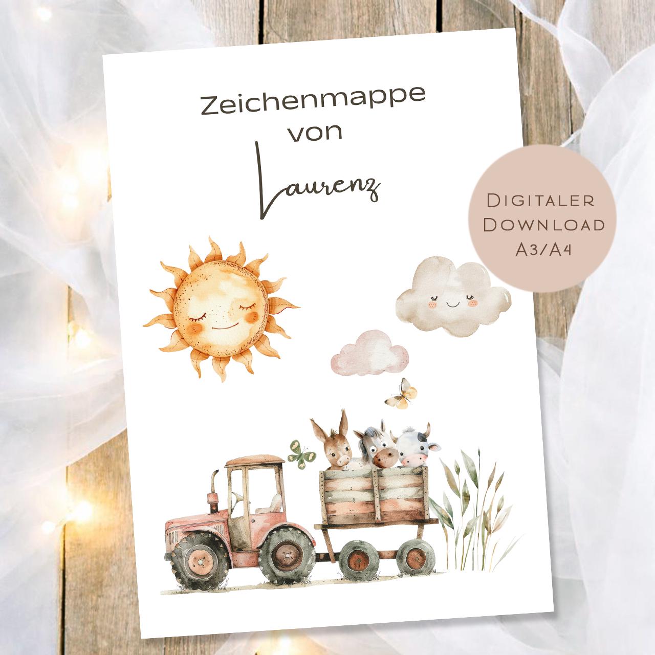 Druckvorlage Zeichenmappe Traktor Name personalisiert | Postmappe Geschenk Schulanfang I Schulmappe Einschulung Ausdrucken PDF Download