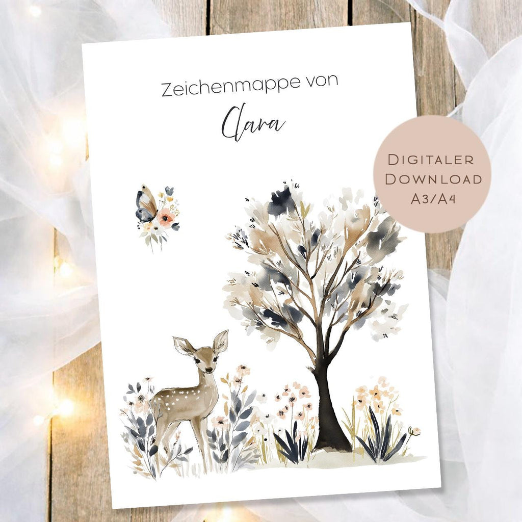 Druckvorlage Zeichenmappe Reh Name personalisiert | Postmappe Geschenk Schulanfang I Schulmappe Einschulung Ausdrucken PDF Download