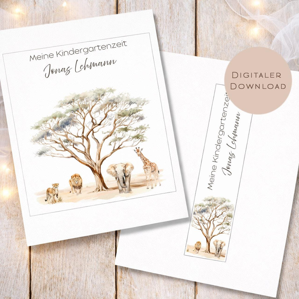 Druckvorlage Kindergarten Ordner Krippe Safari Name personalisiert | Kita Sammelmappe I Ringordner Kindergartenzeit Ausdrucken Download