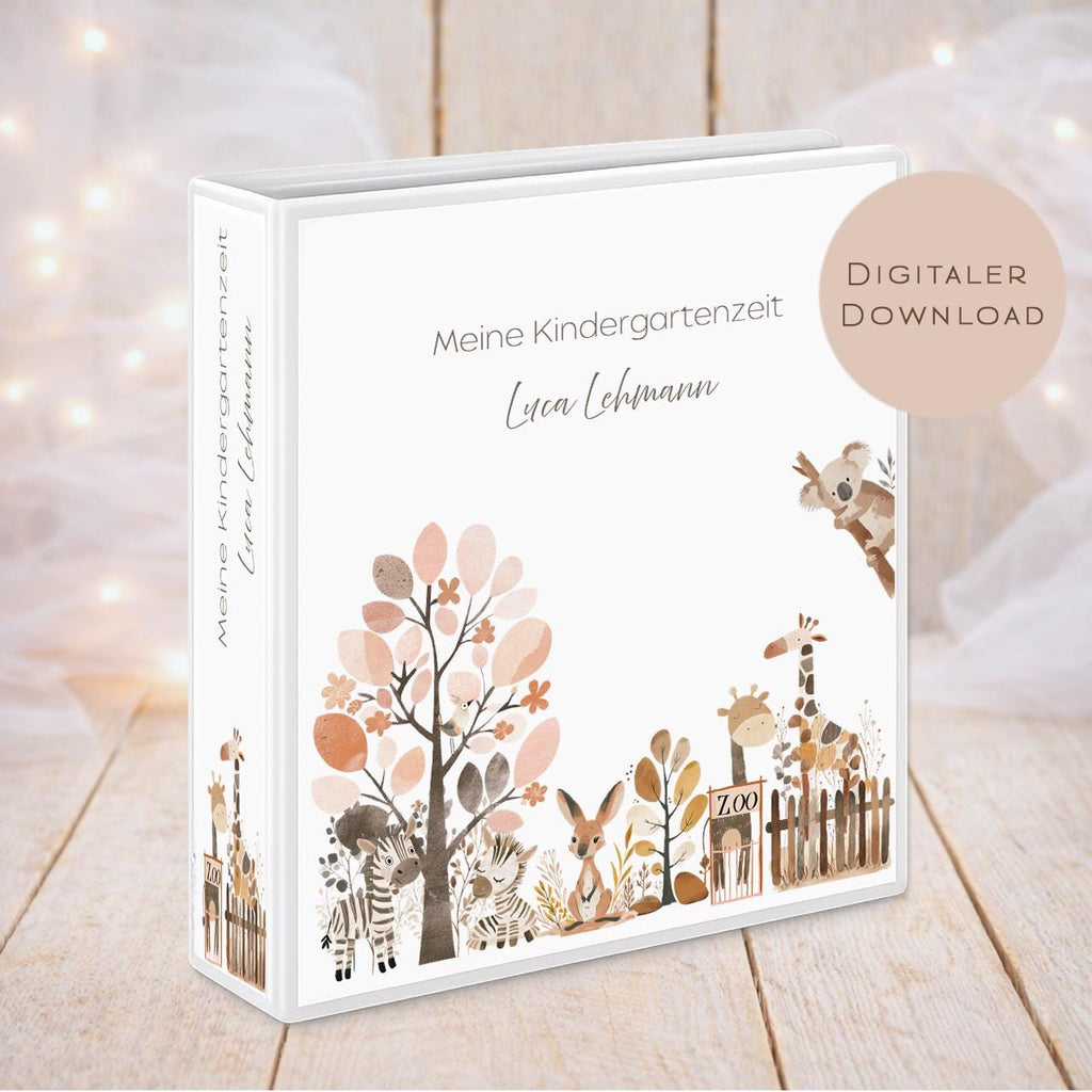Druckvorlage Kindergarten Ordner Krippe Zoo Tiere Name personalisiert | Kita Sammelmappe I Ringordner Kindergartenzeit Ausdrucken Download