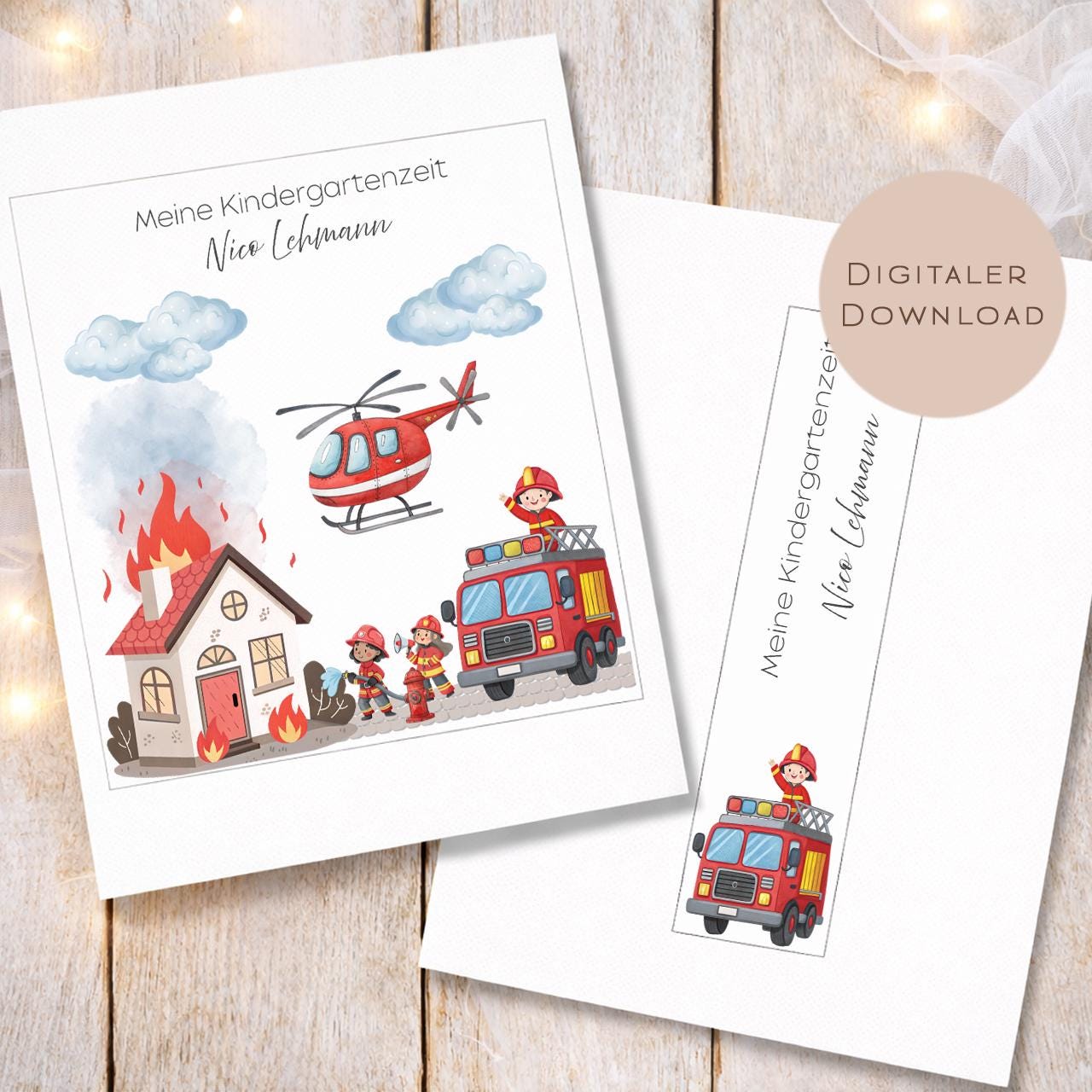 Druckvorlage Kindergarten Ordner Krippe Feuerwehr Name personalisiert | Kita Sammelmappe I Ringordner Kindergartenzeit Ausdrucken Download