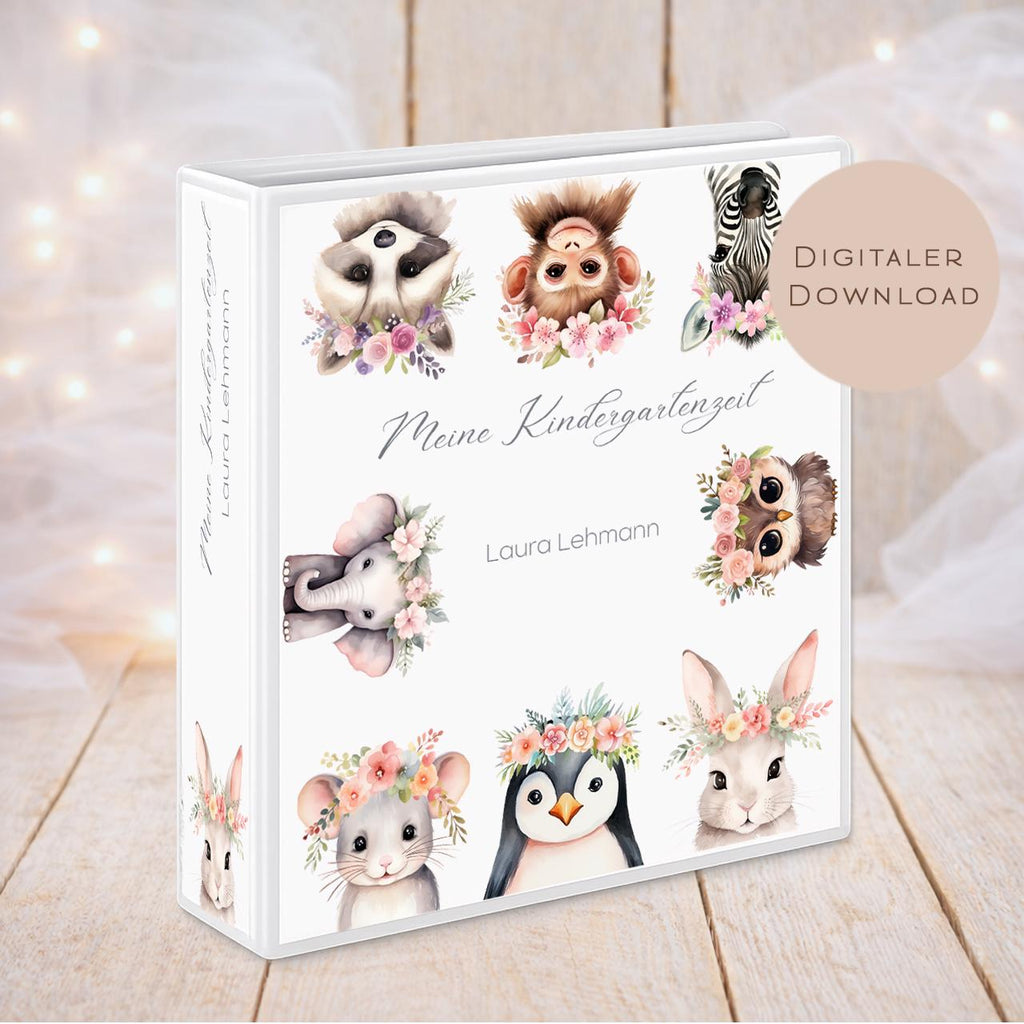 Druckvorlage Kindergarten Ordner Krippe Tiere Name personalisiert | Kita Sammelmappe I Ringordner Kindergartenzeit Ausdrucken Download