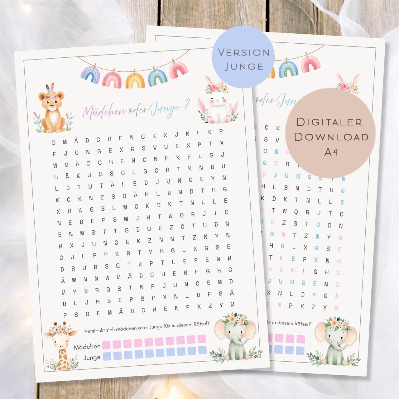 Druckvorlage  Mädchen oder Junge ? Baby Shower Suchrätsel | Geschlecht Orakel Babyparty Gender Reveal | PDF Download Ausdrucken Version Boy