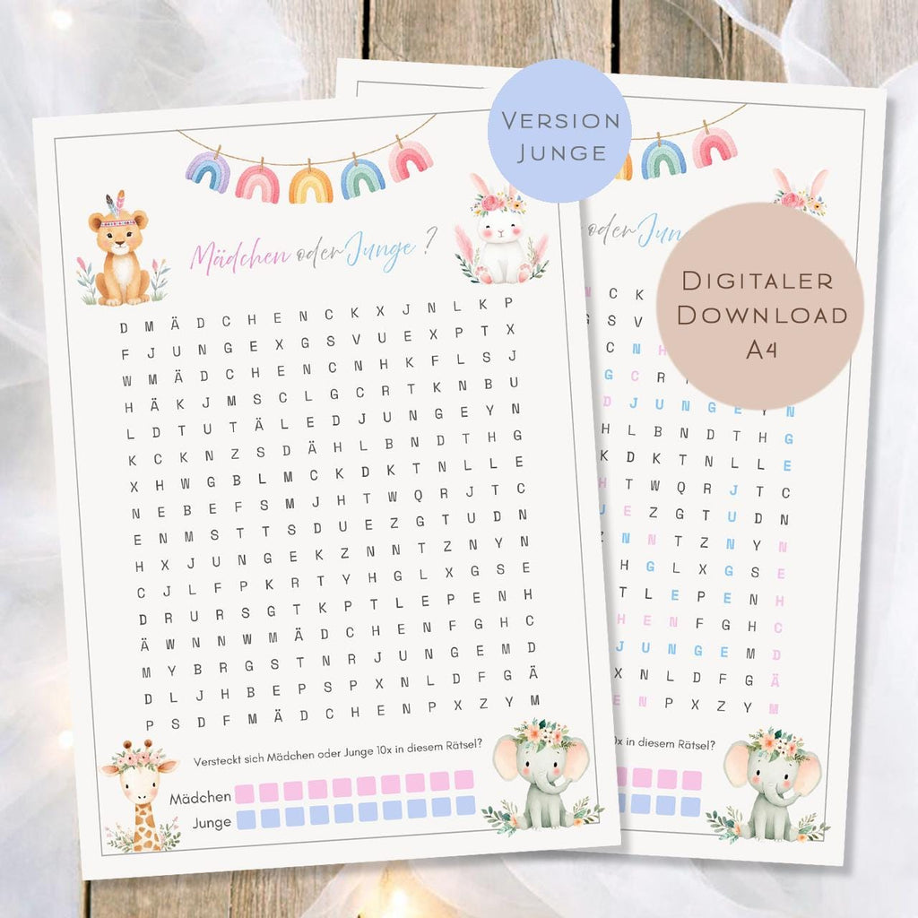 Druckvorlage  Mädchen oder Junge ? Baby Shower Suchrätsel | Geschlecht Orakel Babyparty Gender Reveal | PDF Download Ausdrucken Version Boy