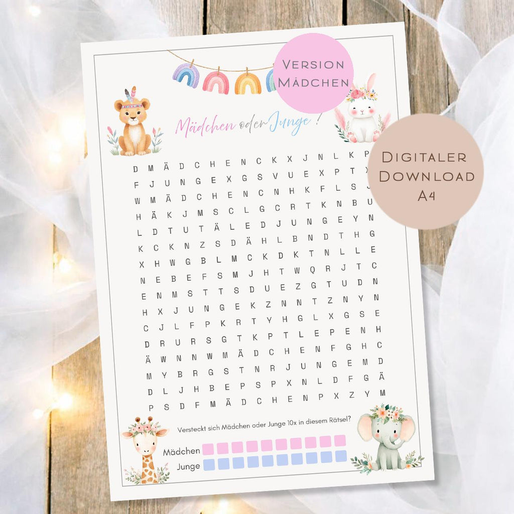 Druckvorlage  Mädchen oder Junge ? Baby Shower Suchrätsel | Geschlecht Orakel Babyparty Gender Reveal | PDF Download Ausdrucken Version Girl