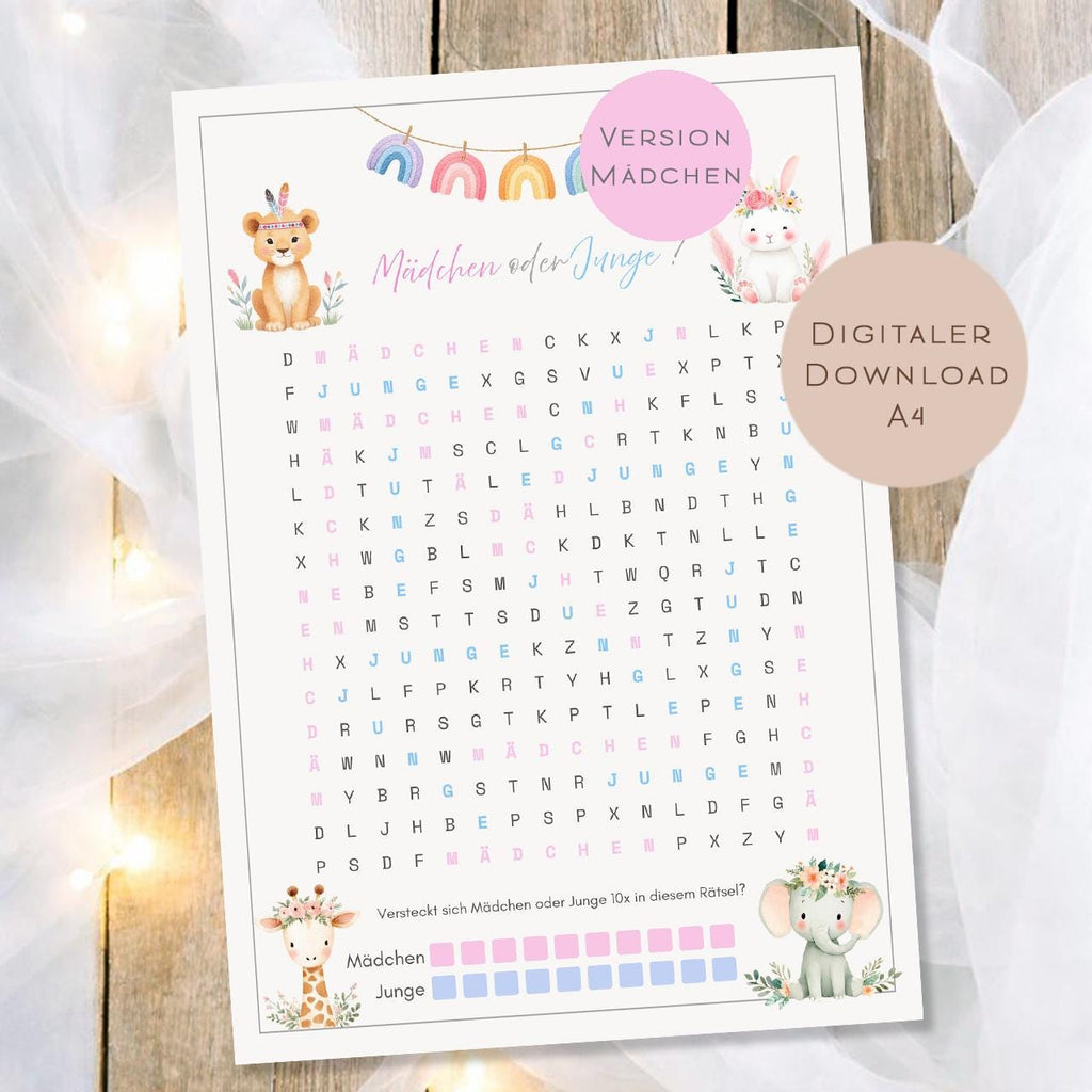 Druckvorlage  Mädchen oder Junge ? Baby Shower Suchrätsel | Geschlecht Orakel Babyparty Gender Reveal | PDF Download Ausdrucken Version Girl