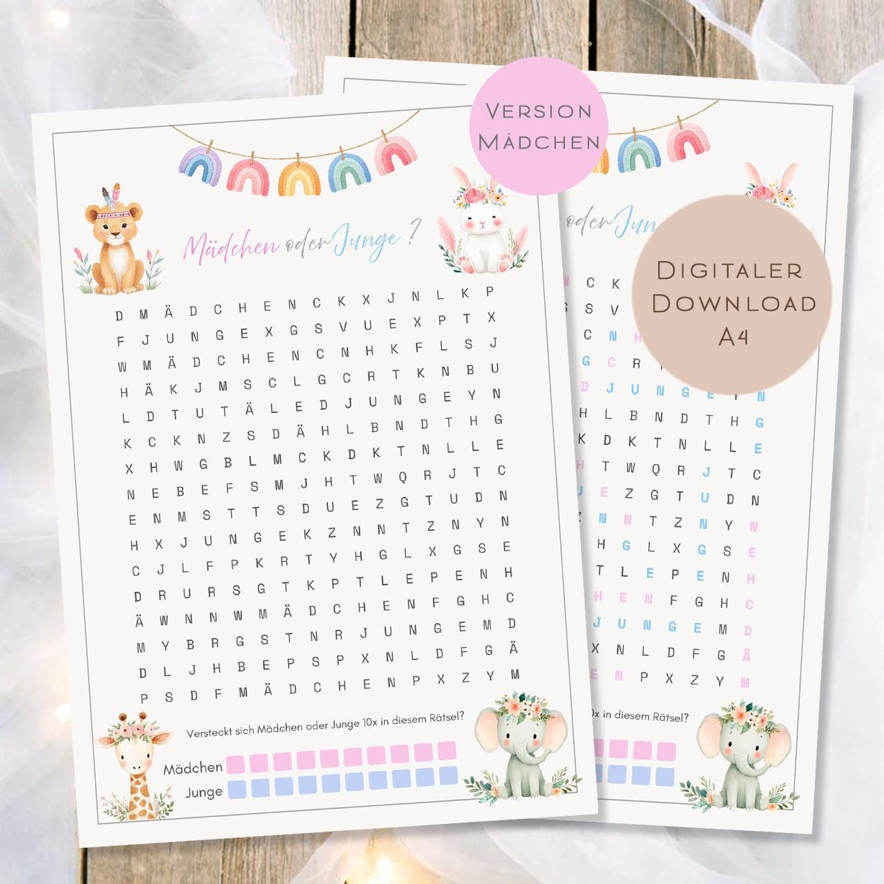 Druckvorlage  Mädchen oder Junge ? Baby Shower Suchrätsel | Geschlecht Orakel Babyparty Gender Reveal | PDF Download Ausdrucken Version Girl