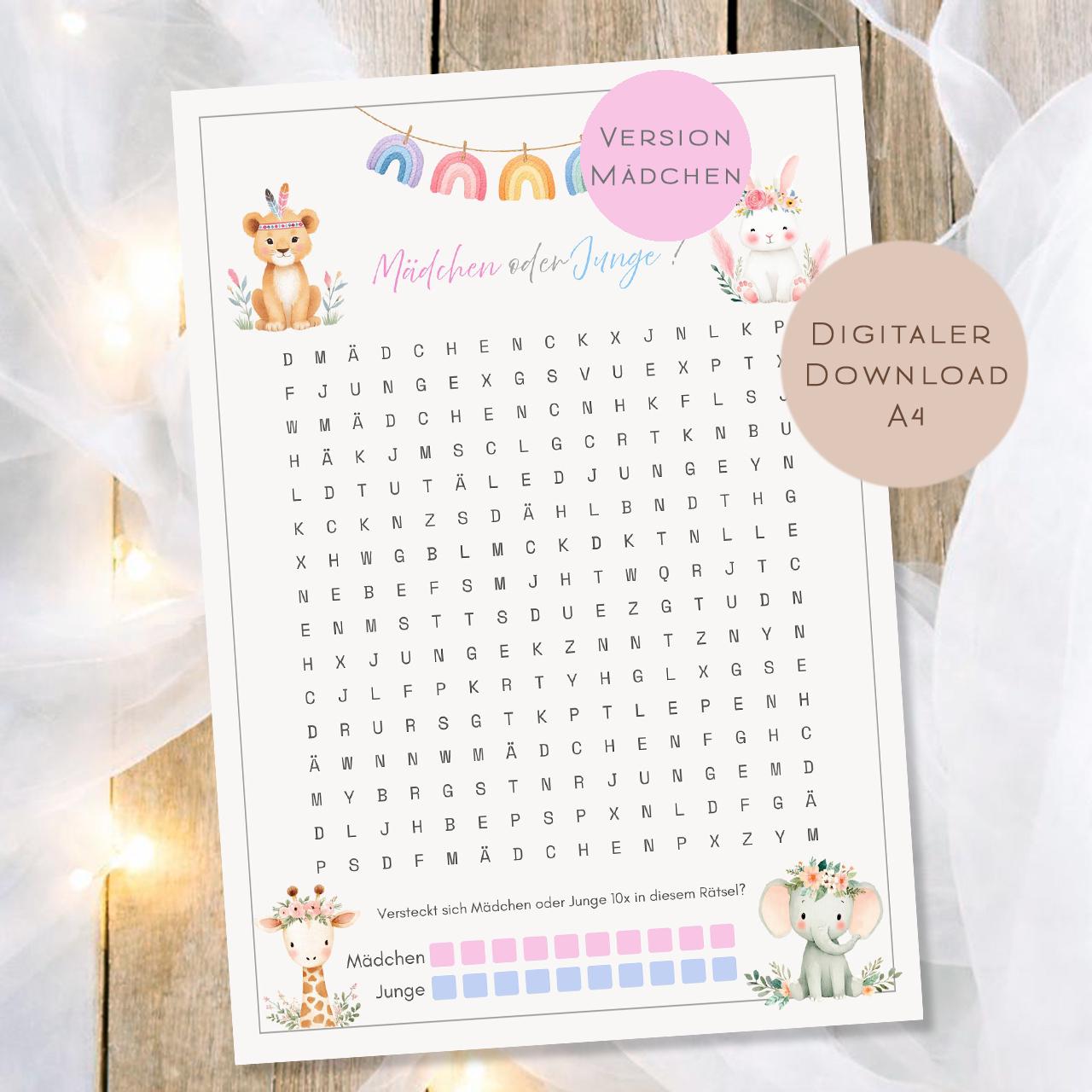 Druckvorlage  Mädchen oder Junge ? Baby Shower Suchrätsel | Geschlecht Orakel Babyparty Gender Reveal | PDF Download Ausdrucken Version Girl