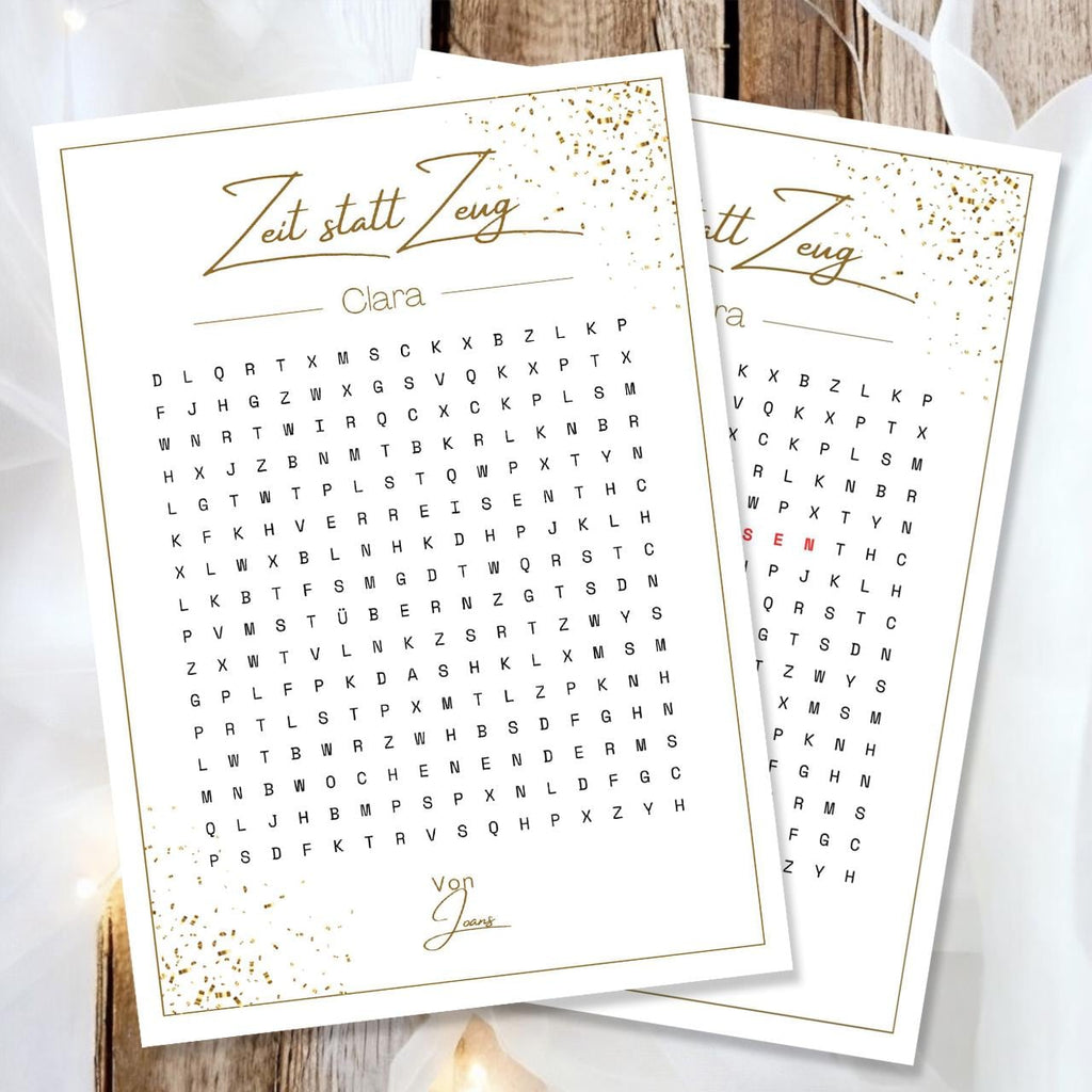 Gutschein in A4 gedruckt Karte Zeit statt Zeug Name personalisiert | Wortsuchrätsel Geschenk | Geburtstag Geschenkidee