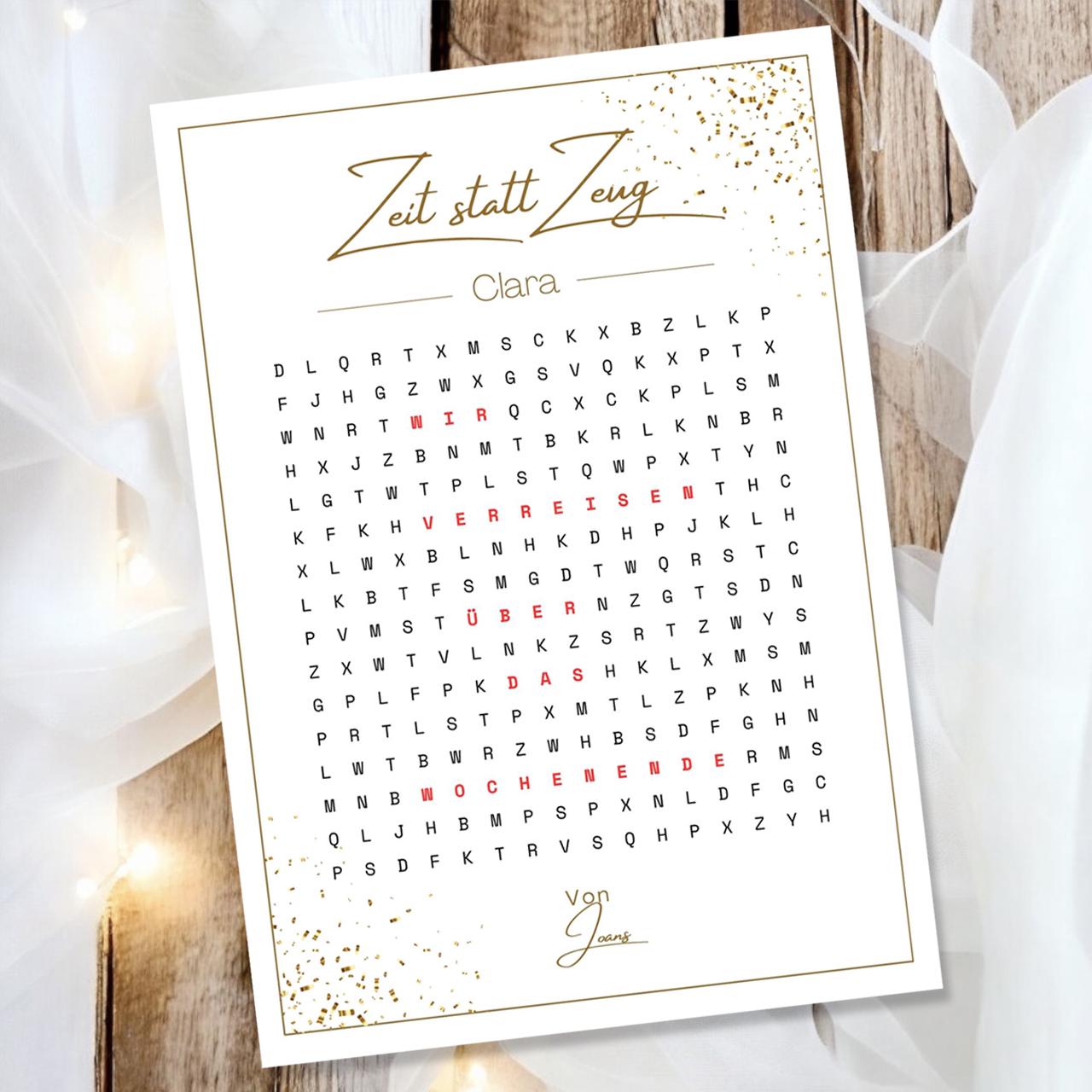 Gutschein in A4 gedruckt Karte Zeit statt Zeug Name personalisiert | Wortsuchrätsel Geschenk | Geburtstag Geschenkidee