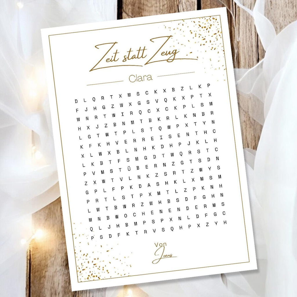 Gutschein in A4 gedruckt Karte Zeit statt Zeug Name personalisiert | Wortsuchrätsel Geschenk | Geburtstag Geschenkidee
