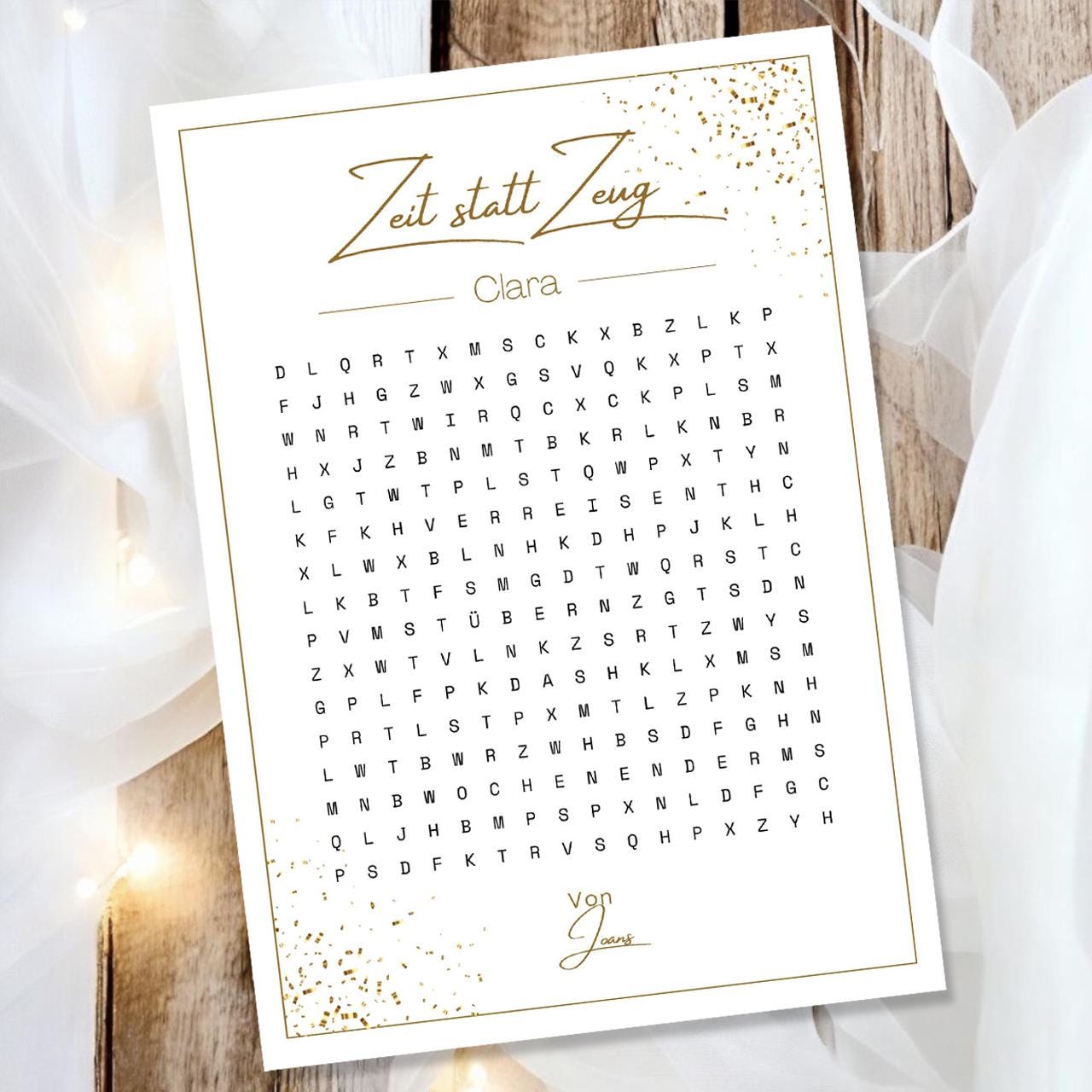 Gutschein in A4 gedruckt Karte Zeit statt Zeug Name personalisiert | Wortsuchrätsel Geschenk | Geburtstag Geschenkidee